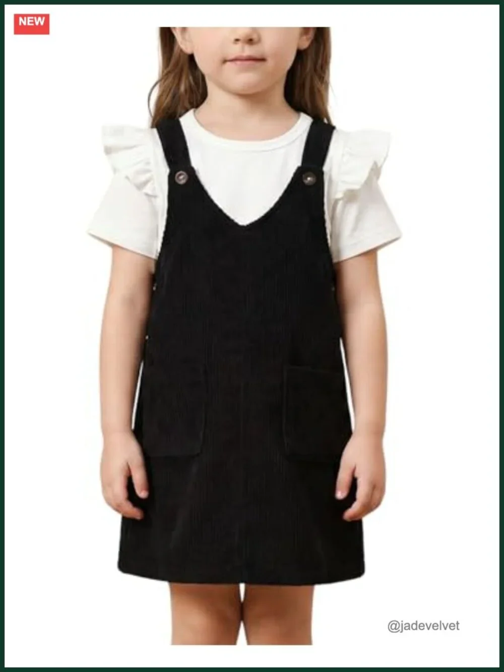 Toddler Girl V Neck Corduroy Pinafore Overall Dress Short Sleeve T-Shirt Set